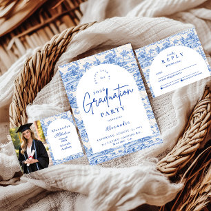 Blue Floral Toile Graduation Party RSVP Card