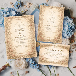 Vintage Antique Wildflower Botanical Wedding Invitation