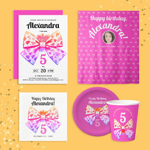 Whimsical Fun Girly Pink Colorful Bow Watercolor Paper Plates