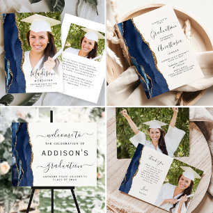 Photo Navy Blue Agate Gold Script Graduation Thank You Card