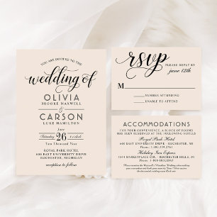Modern Cream and Black Script Wedding Invitation