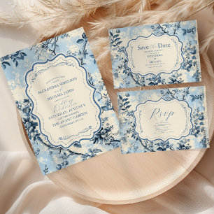Elegant Blue Toile De Jouy  Wedding RSVP Card