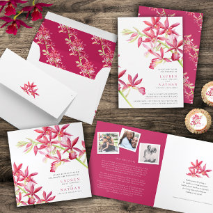 Red orchid watercolor botanical pattern wedding envelope