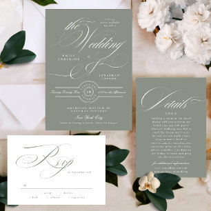 Formal Elegant Calligraphy Gray Green Wedding Invitation