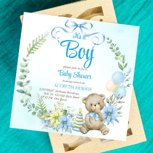 It's a boy teddy bear rainbow clouds baby shower invitation