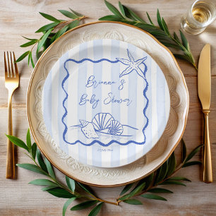 Seashells wavy blue stripes baby shower favor square sticker