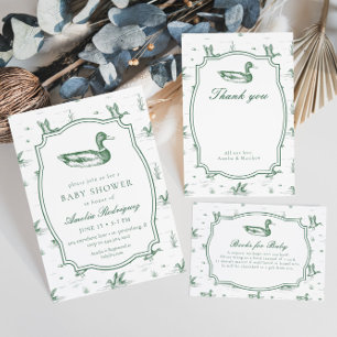 Toile Mallard Duck Neutral Gingham Baby Shower Invitation