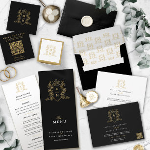 Black white gold crown crest monogram wedding menu