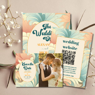 QR Code Boho Retro Colorful Floral Wedding  All In One Invitation