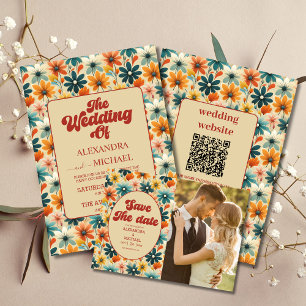 QR Code Groovy Retro 70s Floral Wedding Invitation