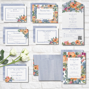 Peach & Blue Watercolor Floral Frame Wedding Invitation