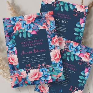 Chic Watercolor Floral 30th Birthday Navy Blue  Banner