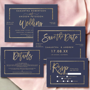 Chic gold frame script navy blue save the date