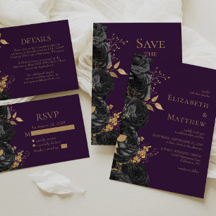 Romantic Black Gold Floral Purple Wedding Invitation