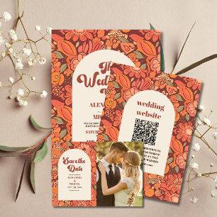 QR Code Arch Groovy Retro 70s Floral Wedding All In One Invitation