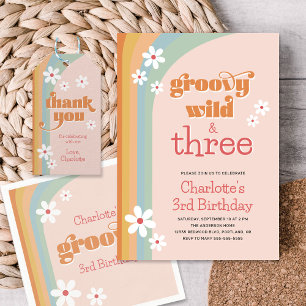 Groovy Wild White Daisies Girl's 3rd Birthday Invitation