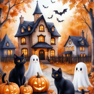 Cute Black Cat Halloween   Kawaii Pumpkin  Wrapping Paper Sheets