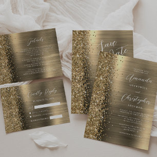 Elegant Gold Brushed Metal Glitter Script Wedding RSVP Card