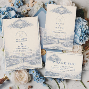 Blue Toile Garden Estate Wedding Thank You Card