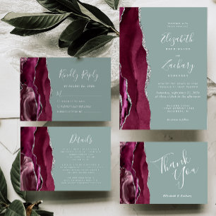 Modern Burgundy Silver Agate Sage Green Wedding RSVP Card