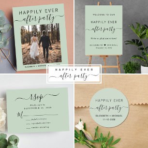 Happily Ever After Party Photo Sage Green Wedding Announcement Postcard