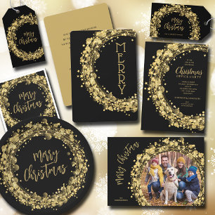 Gold Stars on Black Photo Happy Holiday Card