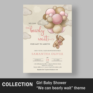 Girl Teddy bear blush pink brown beige balloons  Invitation