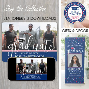 Modern Script Red White & Blue 4 Photo Graduation Announcement