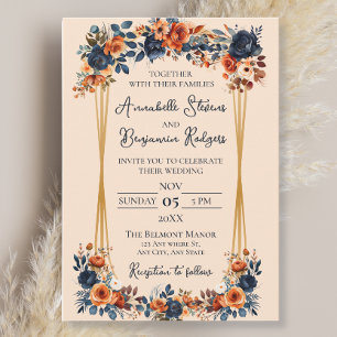 Rustic Burnt Orange and Blue Wedding Invitation