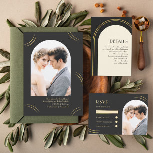 Golden Wisps White Two Photo Wedding  Invitation