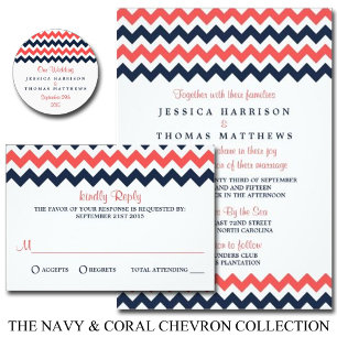 The Modern Chevron Wedding Collection Navy & Coral Invitation