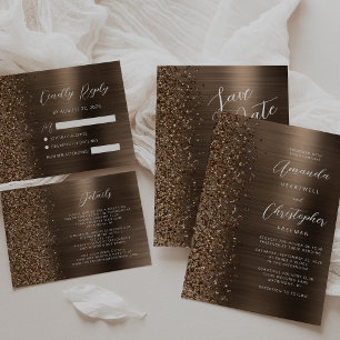 Bronze Glam Brushed Metal Glitter Wedding Invitation
