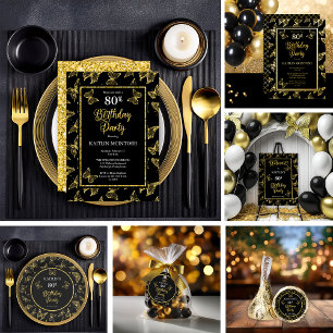 Elegant Butterflies 80th Birthday Party Black Gold Foil Invitation