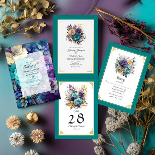 Teal, Purple, and Gold Floral Wedding Table Number
