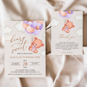 Baby Bear, Purple Balloons, First Birthday Invitation