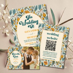 Photo Boho Chic Retro Colorful Floral Wedding  Thank You Card
