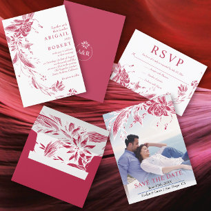 Branch with viva magenta flowers wedding menu card