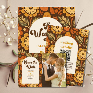 QR Code Arch Modern Retro 70s Floral Wedding All In One Invitation