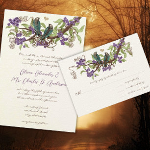 Pink Yarrow Navy Blue Love Bird Forest Wedding Invitation