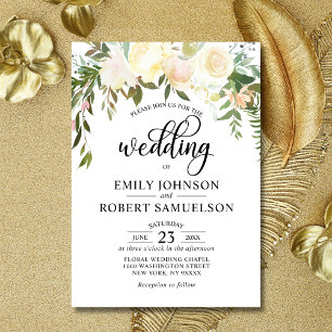 Watercolor Floral Pink Cream Ivory Wedding Invitation