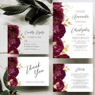 Burgundy Floral Gold Script Wedding Details  Enclosure Card