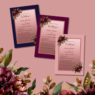 Navy Blue Rose Gold Script Burgundy floral wedding Invitation