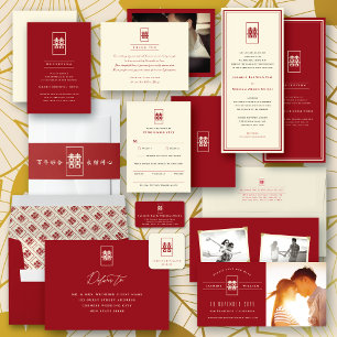Rectangle Double Happiness Simple Chinese Wedding  Invitation