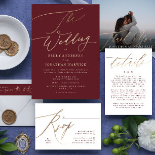 Elegant Dark Red Plum Burgundy Gold The Wedding Foil Invitation