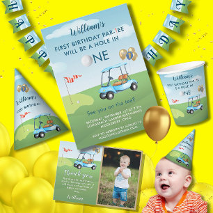 Hole In One Photo Boy Golf Par-tee 1st Birthday Thank You Card
