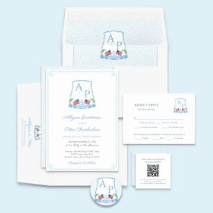 QR Code Red White Blue Monogram Wedding Website Enclosure Card