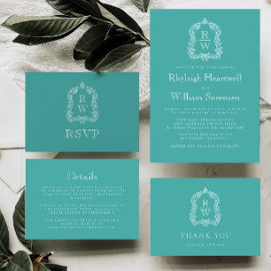 Classic Monogram Crest Turquoise Wedding Invitation