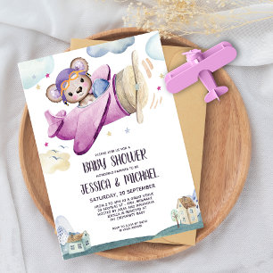 Girl Teddy Bear Airplane Baby Shower Invitation
