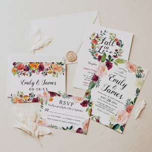 Rustic Blush Burgundy Floral Wreath Wedding RSVP Card