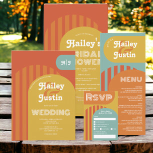 Vintage retro 70s navy silver arch photo wedding invitation